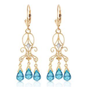 14K. GOLD CHANDELIER DIAMONDS EARRING W BLUE TOPAZ